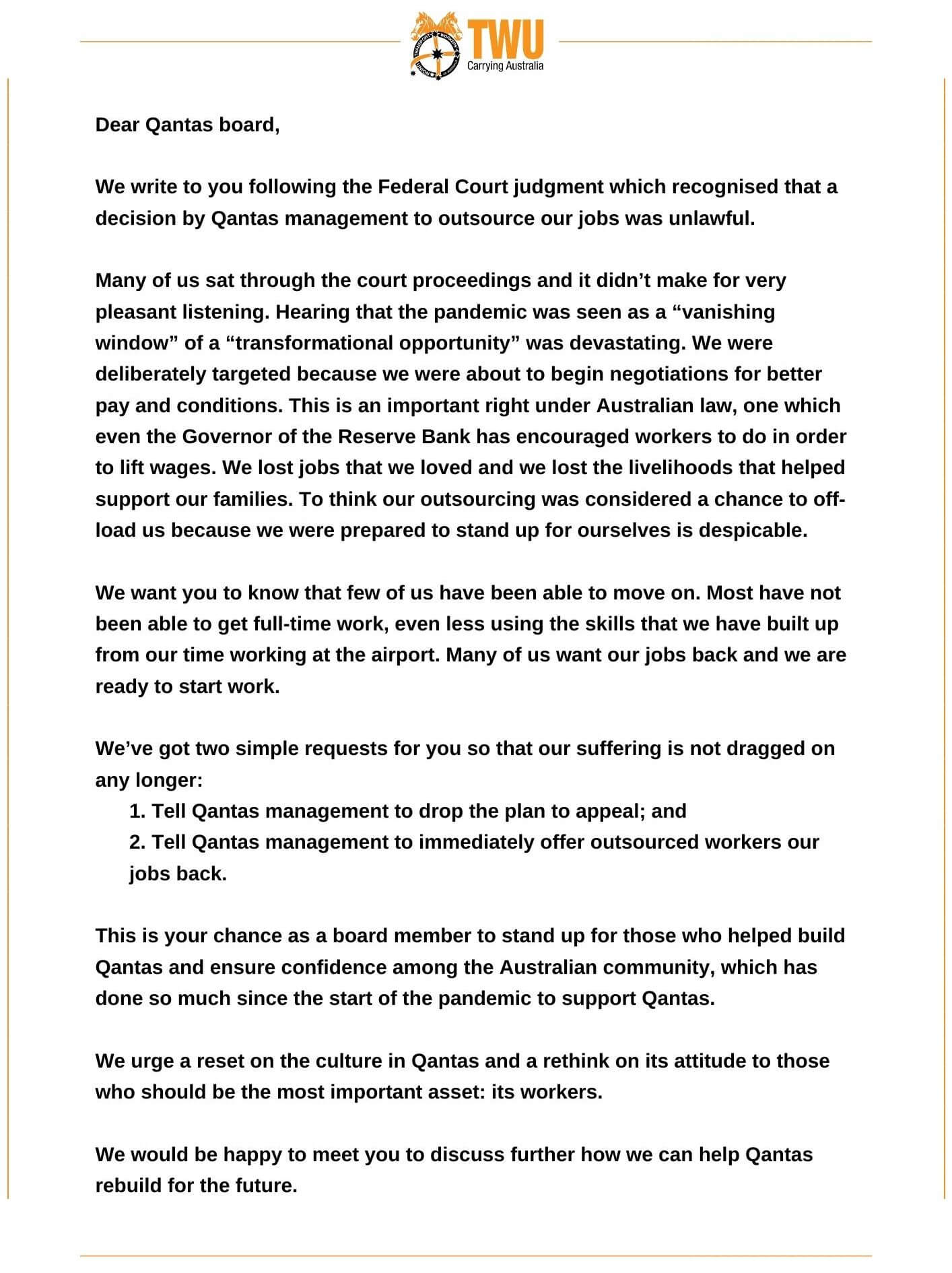 Letter to Qantas Board calling for them to drop plans for appeal and offer illegally sacked workers their jobs back